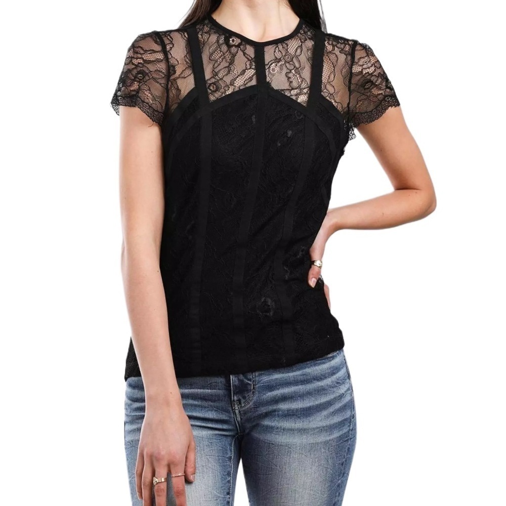 Fairy Whimsigoth Festival Western Black Lace Sheer Short Sleeve Top XS